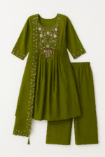 Model wearing olive green embroidered suit set with palazzo pants and floral dupatta – elegant festive outfit for women