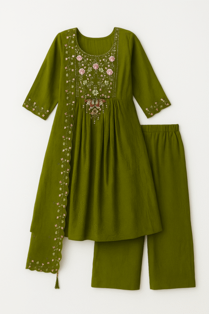 Model wearing olive green embroidered suit set with palazzo pants and floral dupatta – elegant festive outfit for women