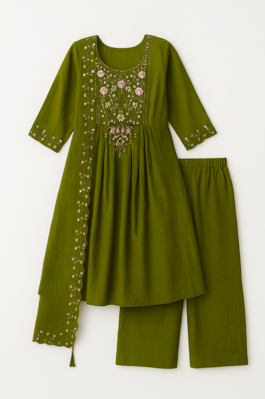 Model wearing olive green embroidered suit set with palazzo pants and floral dupatta – elegant festive outfit for women