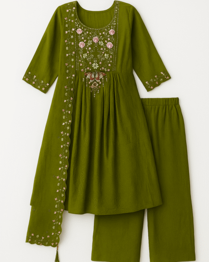 Model wearing olive green embroidered suit set with palazzo pants and floral dupatta – elegant festive outfit for women